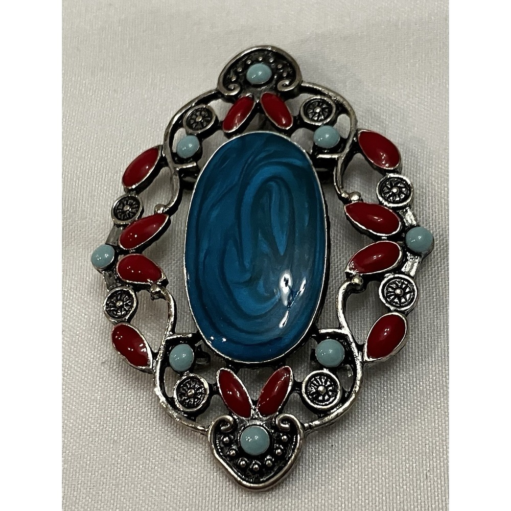 Navajo Style Marbled Blue Red Ornate Silver-tone Pendant Southwest Antiqued
